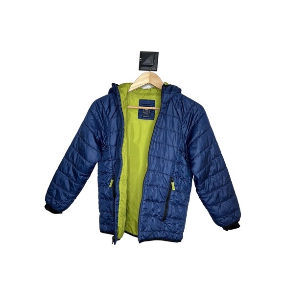 Gap Puffer Coat Youth Size Large LARGE Blue Hooded Boys Girls Navy/Lime Green - Picture 3 of 7
